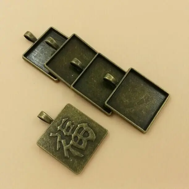 

25mm Square Cabochon Setting Pendant Blank Tray Zinc Alloy Diy Chinese Characters Charm 10PCS/bag (T140) 2015 New Free Shipping