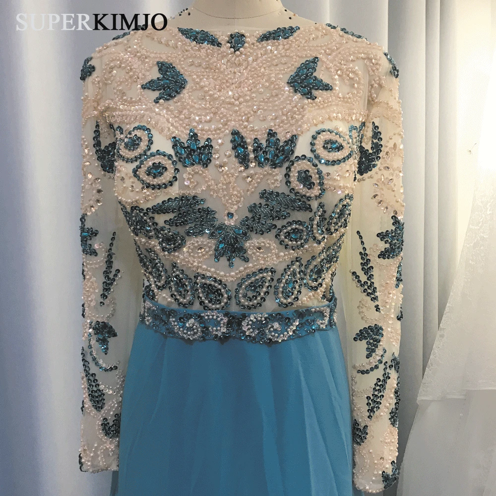 real prom dresses 2020 crew neckline beaded beading crystal long sleeve chiffon turqurise blue evening dresses