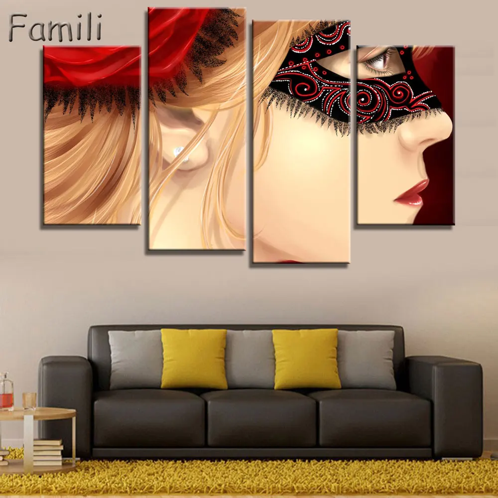 

4panel/set Color Mask Face Poste of dancer Home Decor abstract canvas painting for living room giveaways wall sticker