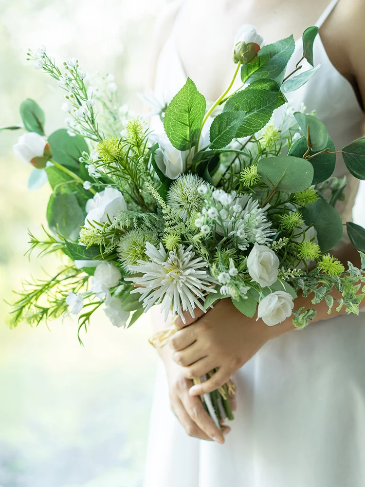 JaneVini Romantic White Bridal Bouquets Artificial Silk Rose Boho Bouquet Green Leaves Bridesmaid Holding Flowers Bouket Wedding | Свадьбы и