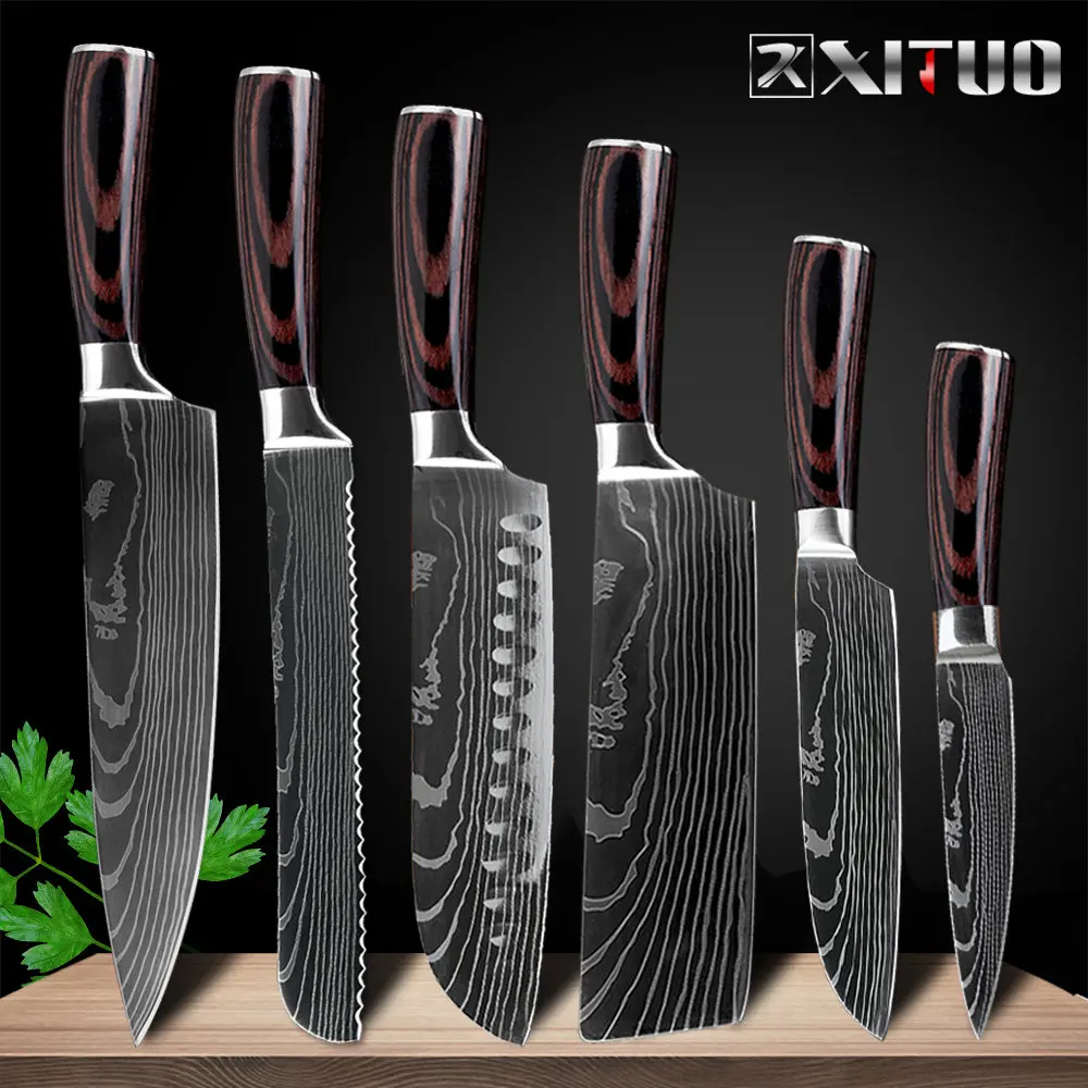 6 PCS Value set XITUO 8 дюймов японские кухонные ножи лазерный дамасский узор нож шеф-повара острый Santoku Кливер нож для нарезки нож инструмент EDC - Цвет: 6 PCS Value set
