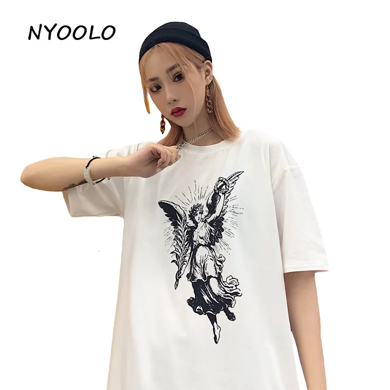 NYOOLO Novelty style angle wing print tees Summer streetwear short sleeve O-neck cotton t-shirts women clothing classic tops | Женская