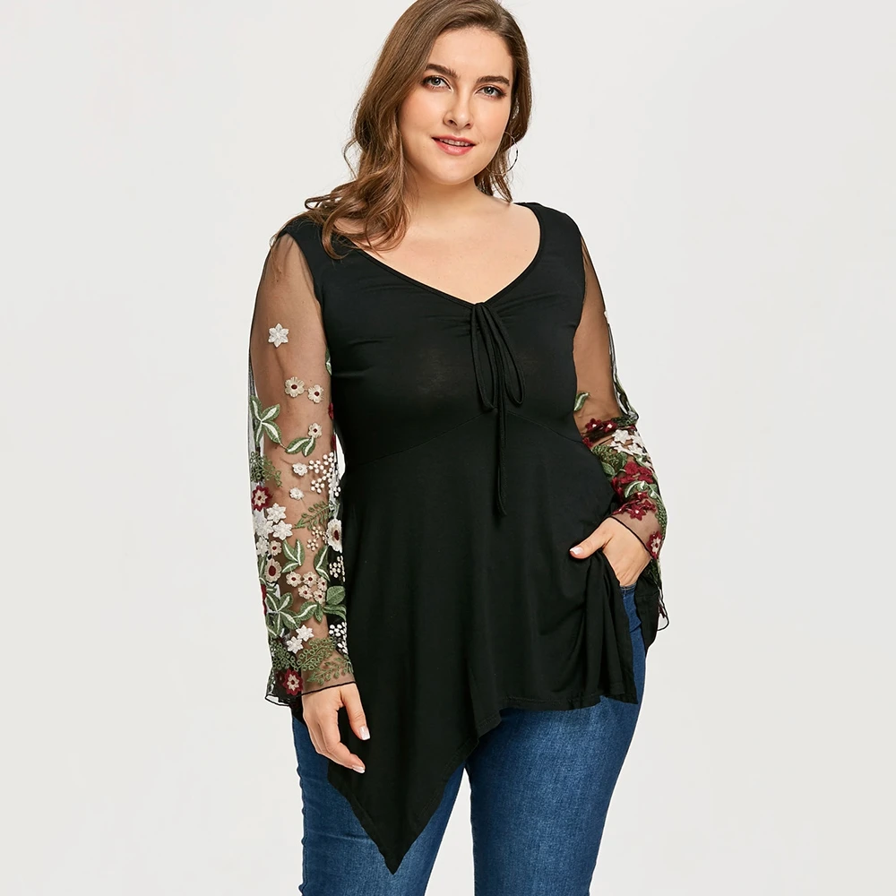 Для женщин 5XL плюс Размеры цветочный сетки Туника Футболка полный v-образным