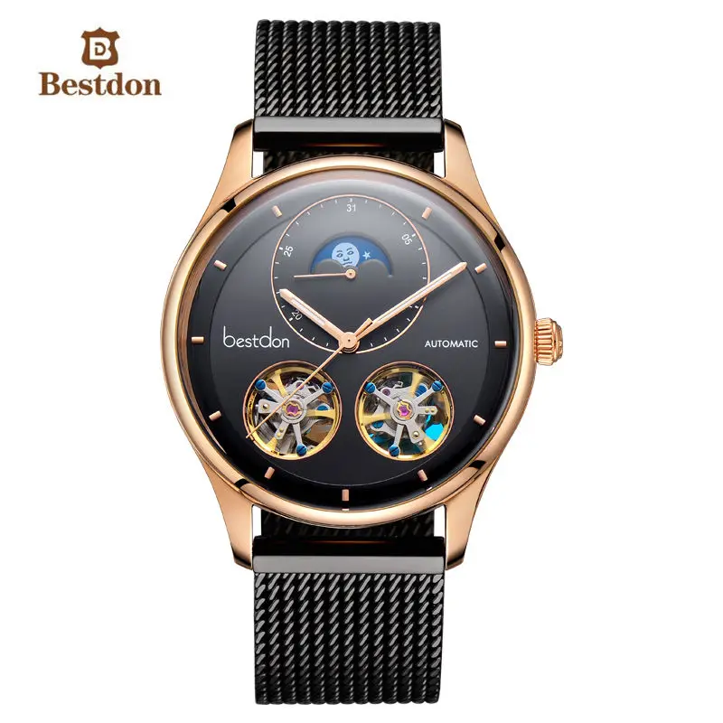 

Bestdon Double Skeleton MoonPhase switzerland luxury brand mechanical watch men full steel watches waterproof clock reloj montre