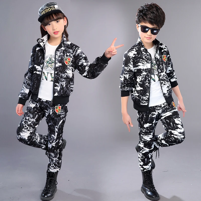 2021 Spring Fall New Children Camouflage Suit Boys Military Uniform Girls Sport Clothes Kids Jacket + Pants 2 Pcs Tracksuit X158 | Детская