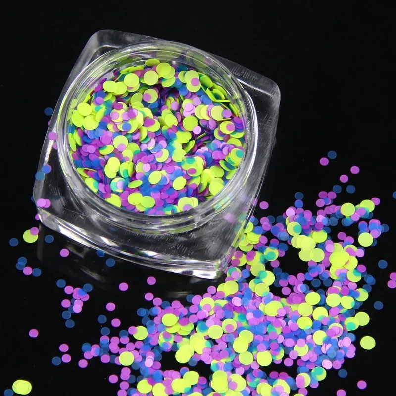 2g маленький круглый горошек неоновые ногтей Блестящий порошок смешанный Размеры