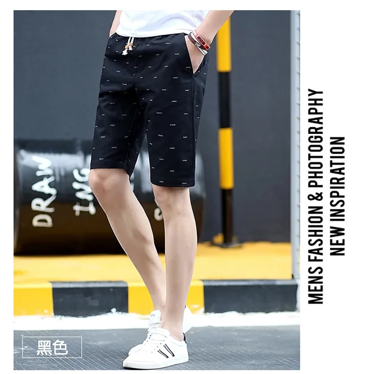 Summer Casual Men's Short Pants Cotton Elastic Waist Printing Trousers