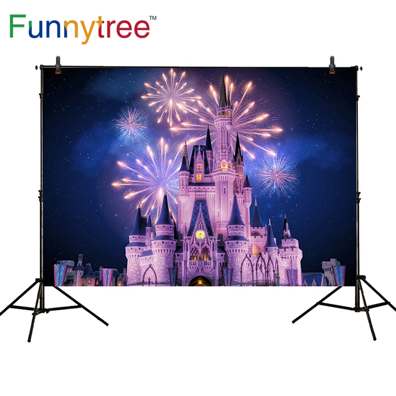 Фон Funnytree для фотостудии Новогодний фейерверк сказочный замок ночной детский фон