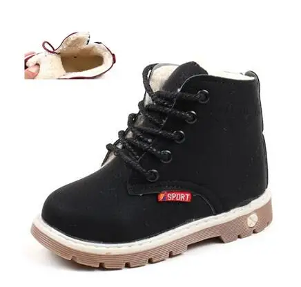 Plus velvet black MHYONS/зимние модные детские кожаные ботинки для девочек и мальчиков; Теплые Ботинки martin; Повседневная плюшевая детская обувь для малышей - Цвет: Plus velvet black