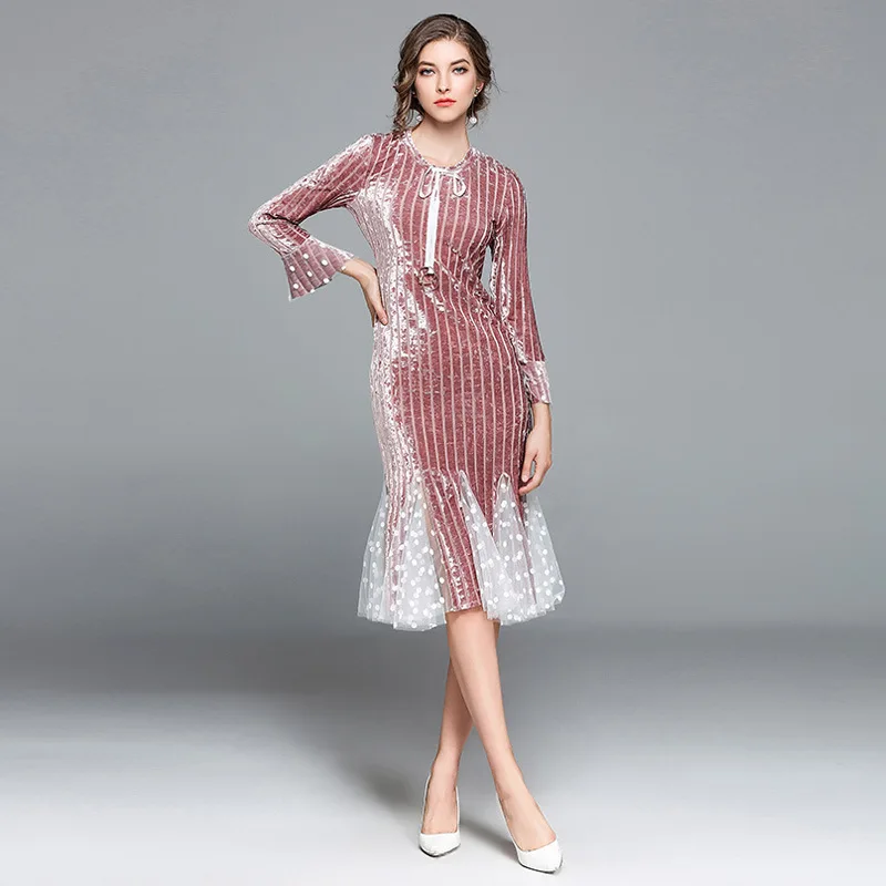 

Autumn Winter Evening Party Dresses Pink Velvet Dress Women Sexy Net yarn splicing Dresses Christmas Runway Vestido
