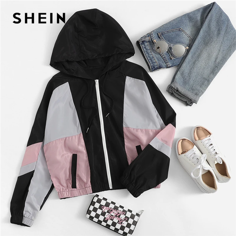 SHEIN Спортивная Контрастная Куртка На Молнии С Капюшоном Осенняя Женская Куртка