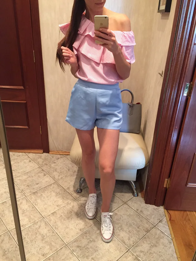 Женская блузка с оборками Awaytr повседневная розовая в полоску коротким рукавом