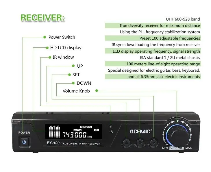 ACEMIC EX 100/GT 1 Pro UHF 100 M беспроводной электрогитара микрофон бас Keyborad барабаны скрипка