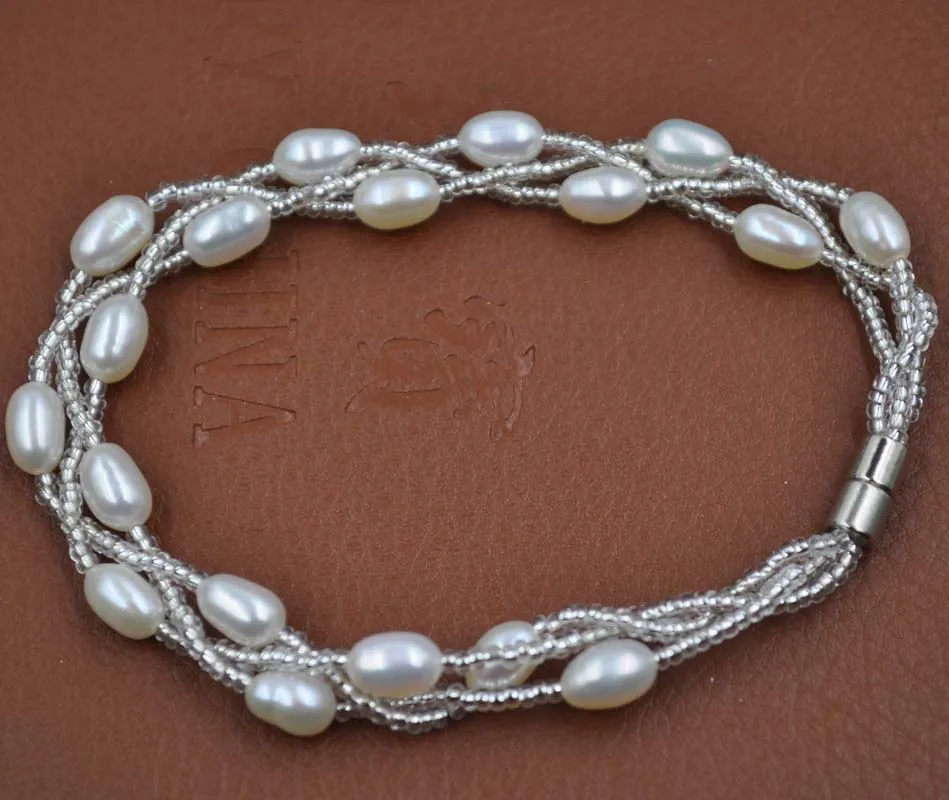 Оптовая продажа 3 линии риса настоящий пресноводный жемчуг набор ожерелье и