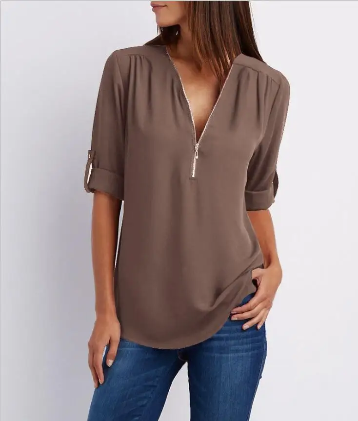 4 coffee Blusas mujer de moda, рубашка с длинным рукавом и v-образным вырезом, Элегантная блузка, шифоновая Женская Коллекция nouvelle, с украшением на молнии - Цвет: 4 coffee