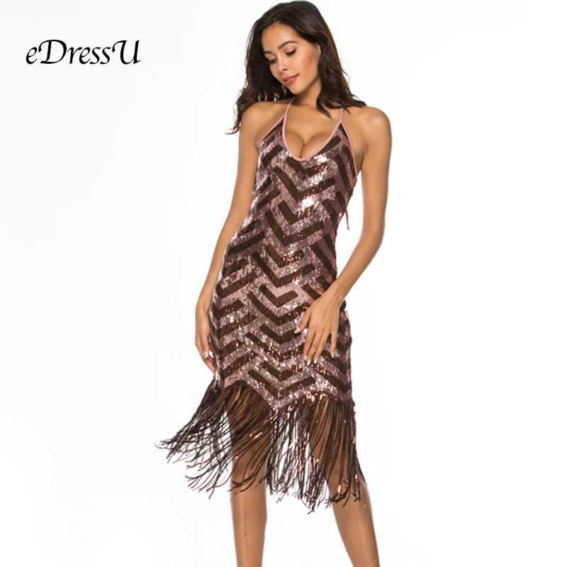 

Women Stripe Sequined Dress Sexy Open Back Retro Vintage Tassel Dress Club Disco Wear eDressU OSH-18638