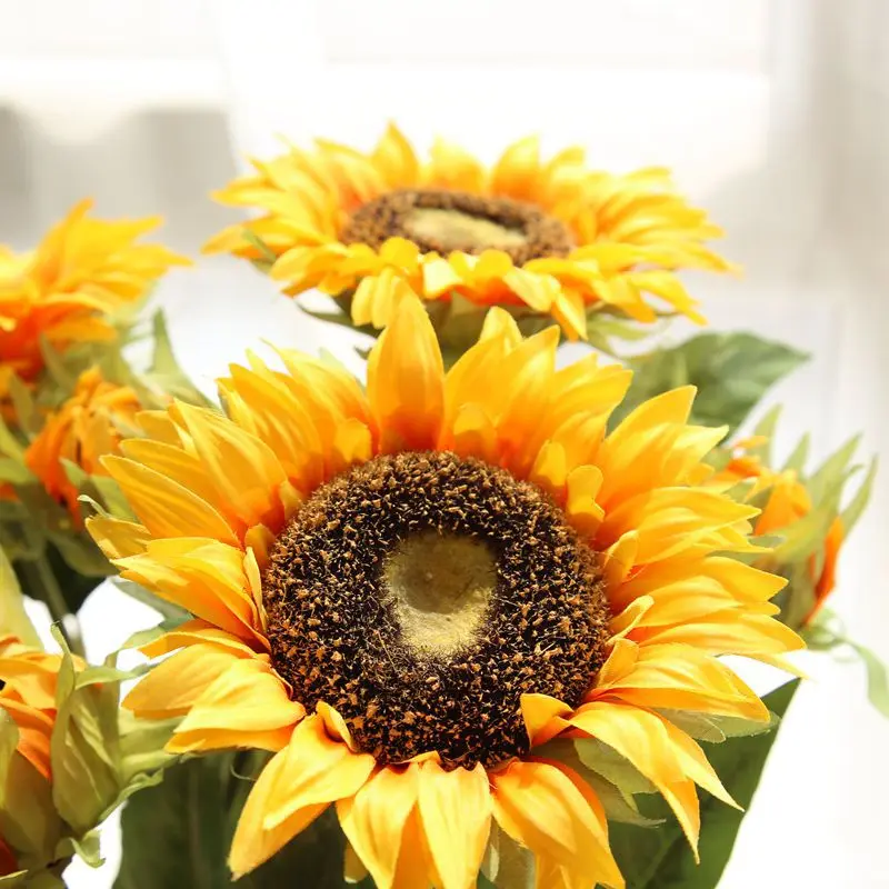Подсолнухи из искусственного шелка 3 головки большие цветы искусственные ветки