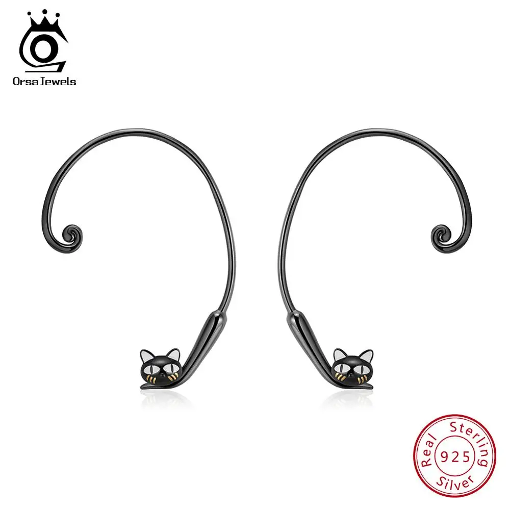 ORSA JEWELS, 925 пробы, серебряные серьги-гвоздики для девушек, милые прыжки, черный кошачий хвост, можно регулировать для женщин, ювелирное изделие, SE91