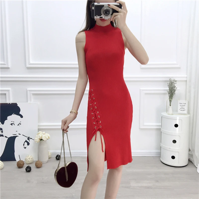 Shintimes Women's Sleeveless Dresses Fashion Spring Summer Black Bandage Bodycon Knitted Dress 2019 Elegant Slim Casual | Женская