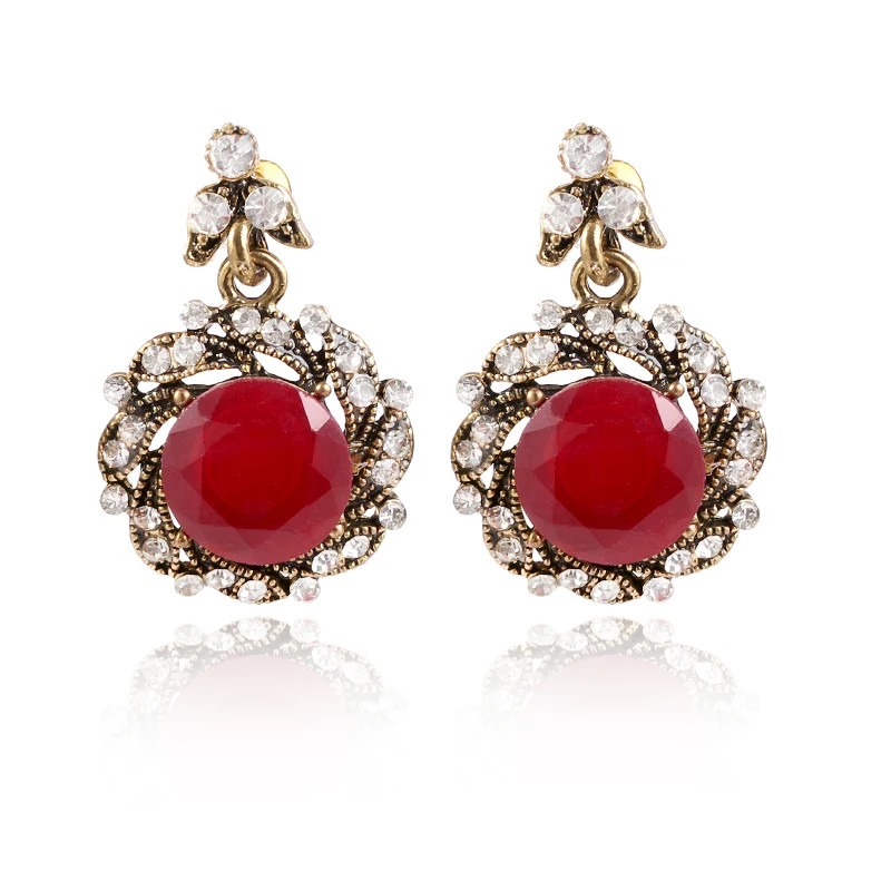 Retro fashion Gold color Rhinestone resin red green Earrings For Women jewelry gift | Dangle