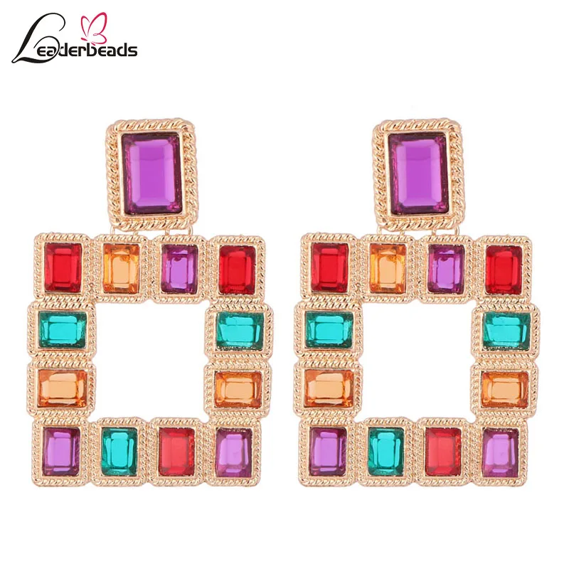 LEADERBEADS Trendy Multicolor Crystal Square Stud Earrings Vintage Geometric Alloy Chandelier Earring Women ZA Statement Jewelry | Украшения