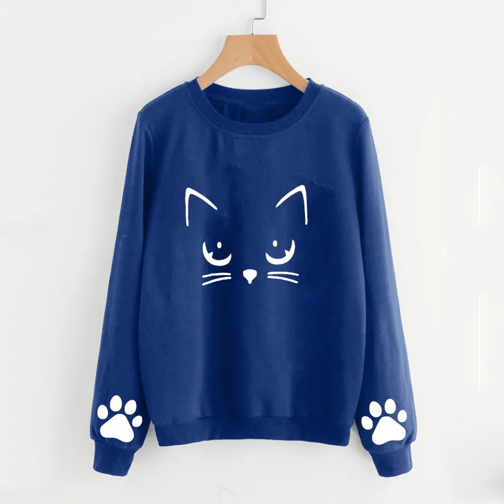 Bule Autumn Winter Women Hoodies Cat Print O Neck Ladies Sweatshirt Casual Long Sleeve Regular Blouse Tops Loose Pullover - Цвет: Bule