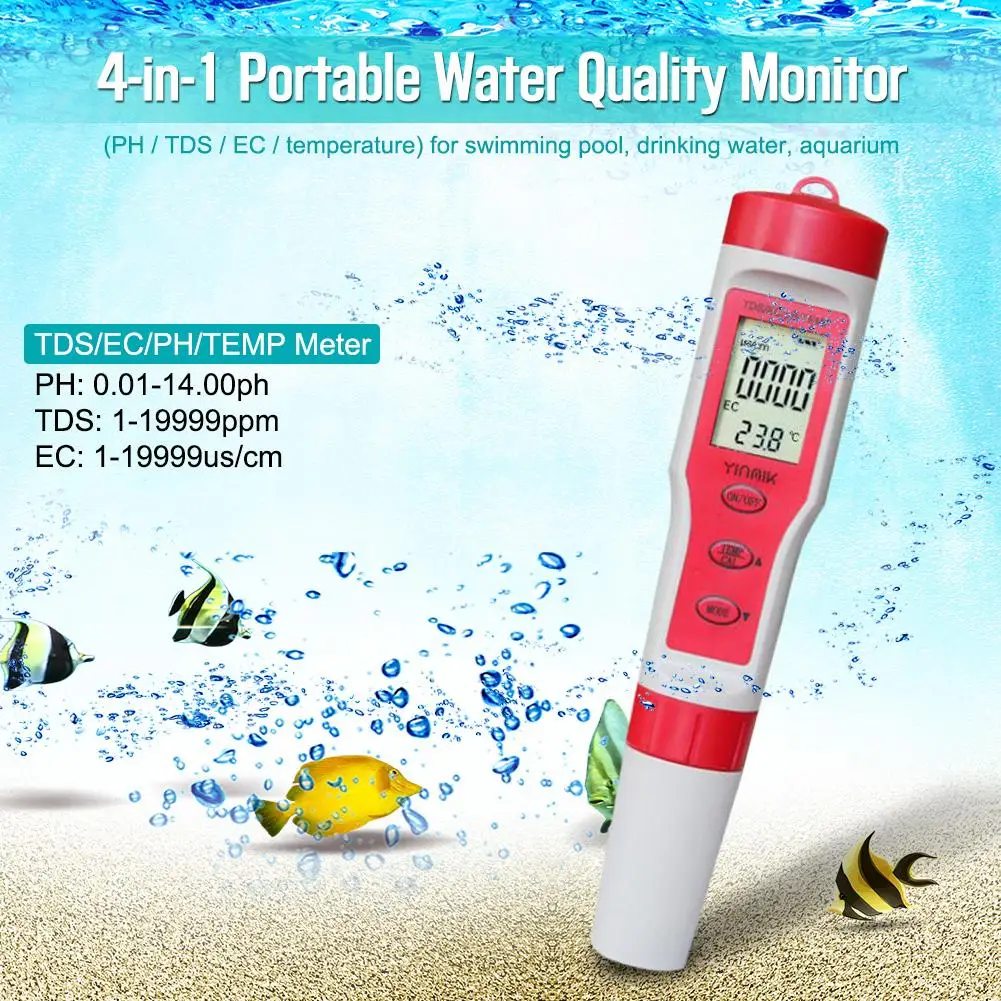 

Portable 4-in-1 Digital PH Test Pen PH Meter Drinking Water Tester Swimming Pool Spa TDS EC TEMP Test Meter For Aquarium Wine