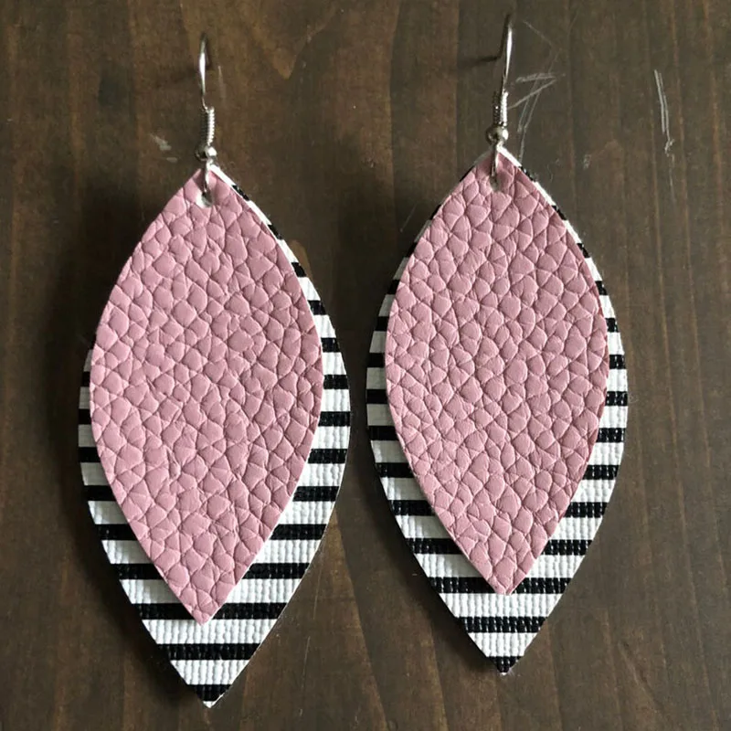 Pink Двухслойные блестящие леопардовые серьги из искусственной кожи с каплевидными листьями в черно-белую полоску модные серьги в форме капли воды - Окраска металла: Pink
