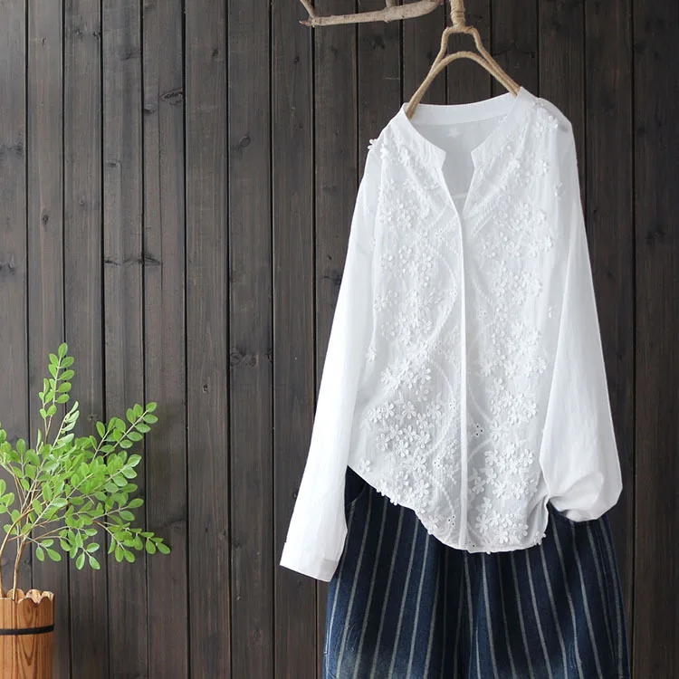 

Surface flower embroidery v-neck long sleeve cotton shirt blouse autumn mori girl