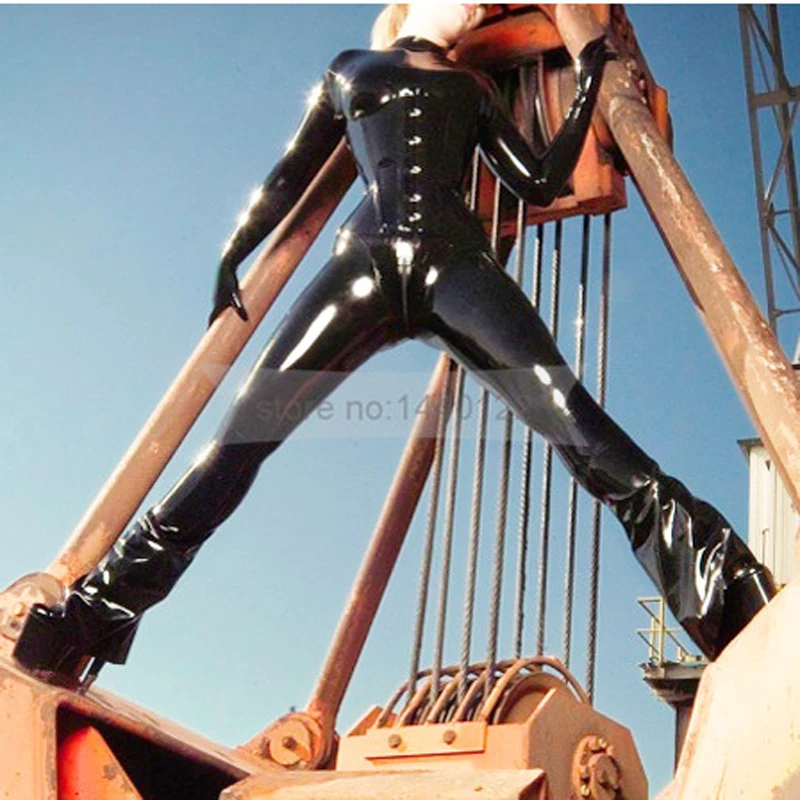 Rubber latex female catsuit  and corset women bell-bottom legs bodysuit with gloves attached  NBLC068