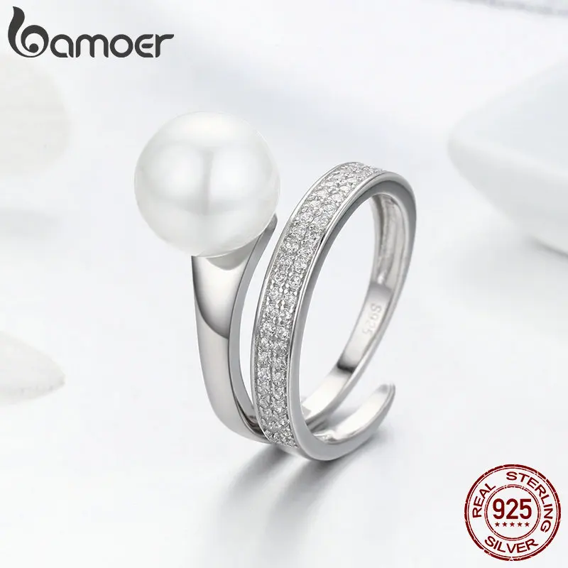BAMOER, Настоящее серебро 925 пробы, элегантные круглые геометрические кольца на палец для женщин, юбилейное обручальное кольцо, ювелирное изделие SCR231
