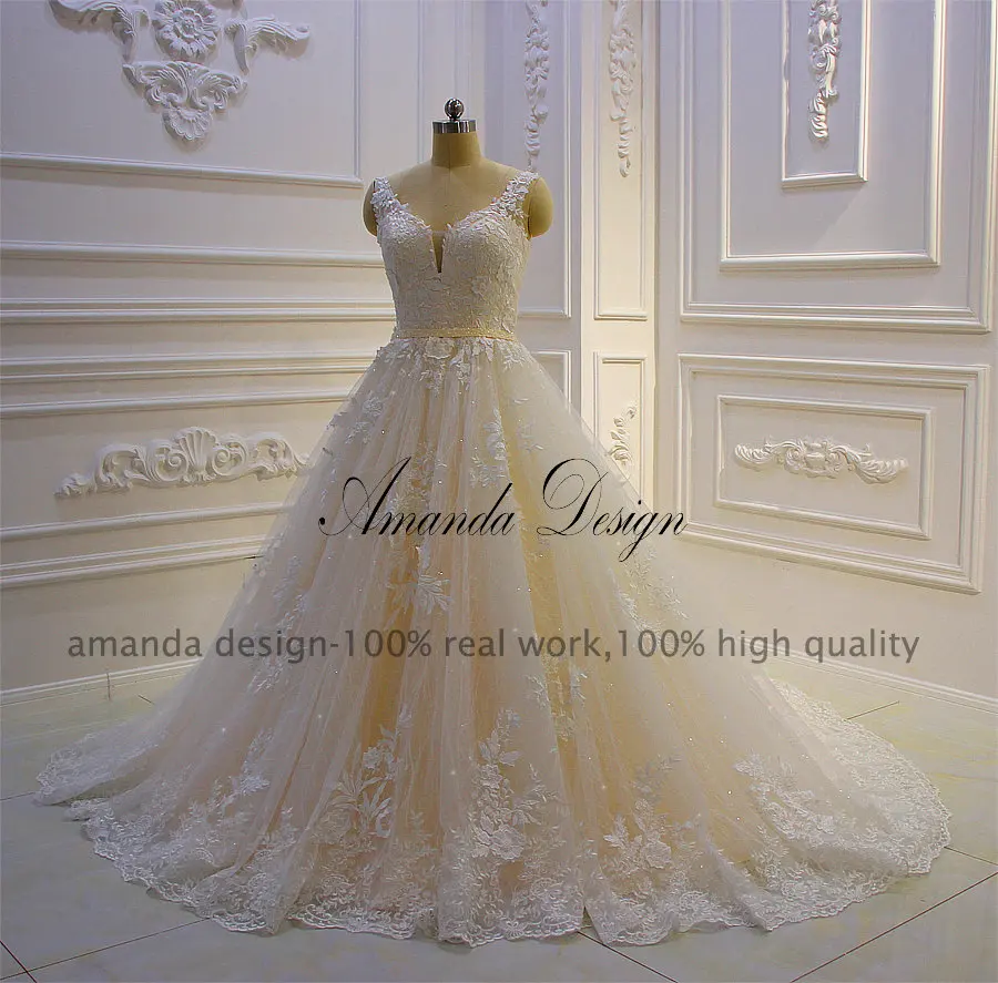 Аманда дизайн vestido de novia Плайя колпачок рукав кружева аппликация А-силуэт свадебное платье