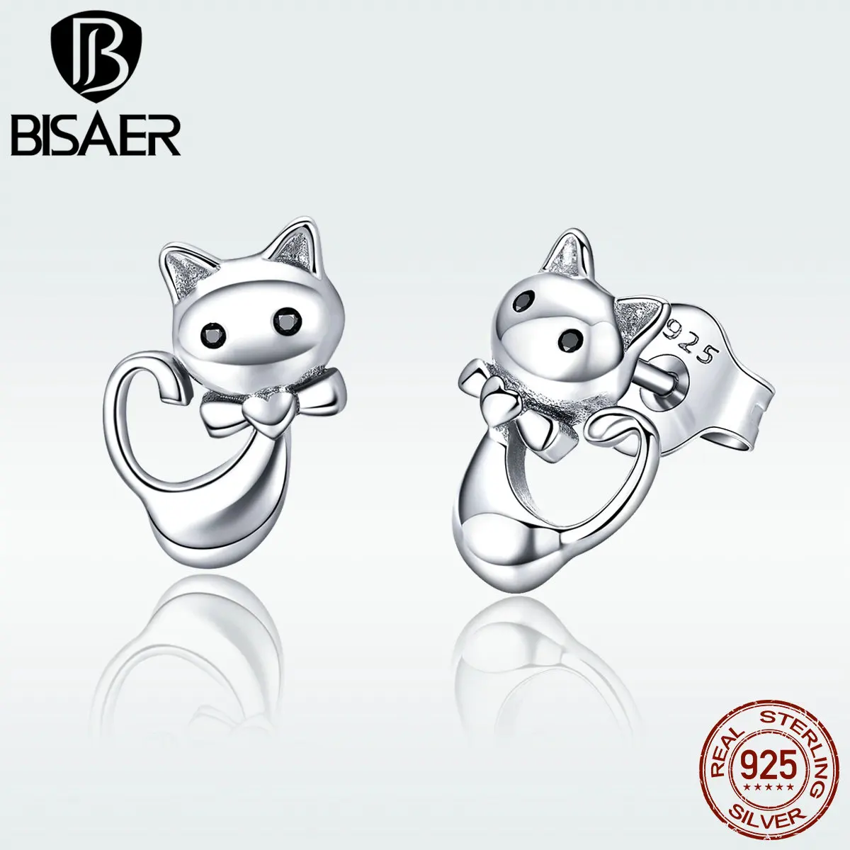 Серьги BISAER Cat, 925 пробы, серебряные серьги-гвоздики с животными для женщин, модные ювелирные изделия для девочек, подарок для детей, Brincos HSE450