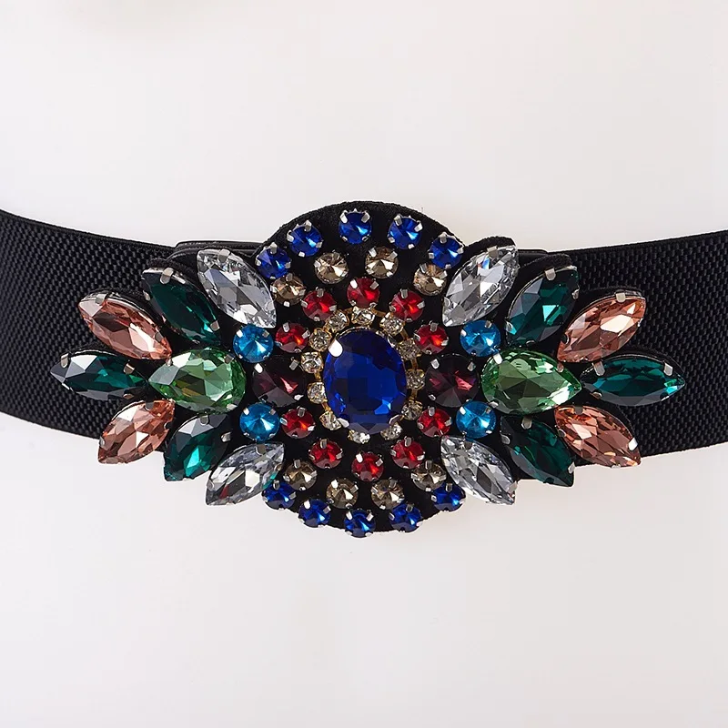 Cinturones de lujo con diamantes de imitación para mujer, faja elástica con gemas de cristal de colores, corsé de moda, accesorios de vestido de verano