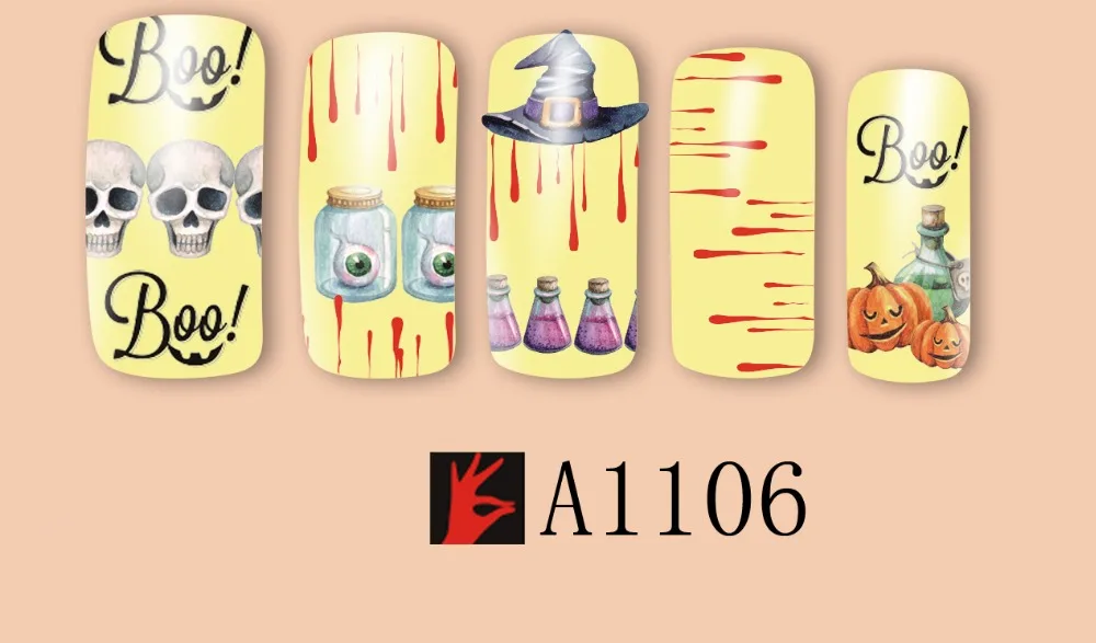 12 упак./лот переводка NAIL ART наклейки на ногти татуировки слайдера полное покрытие Хэллоуин Сова призрак вампира A1105-1116