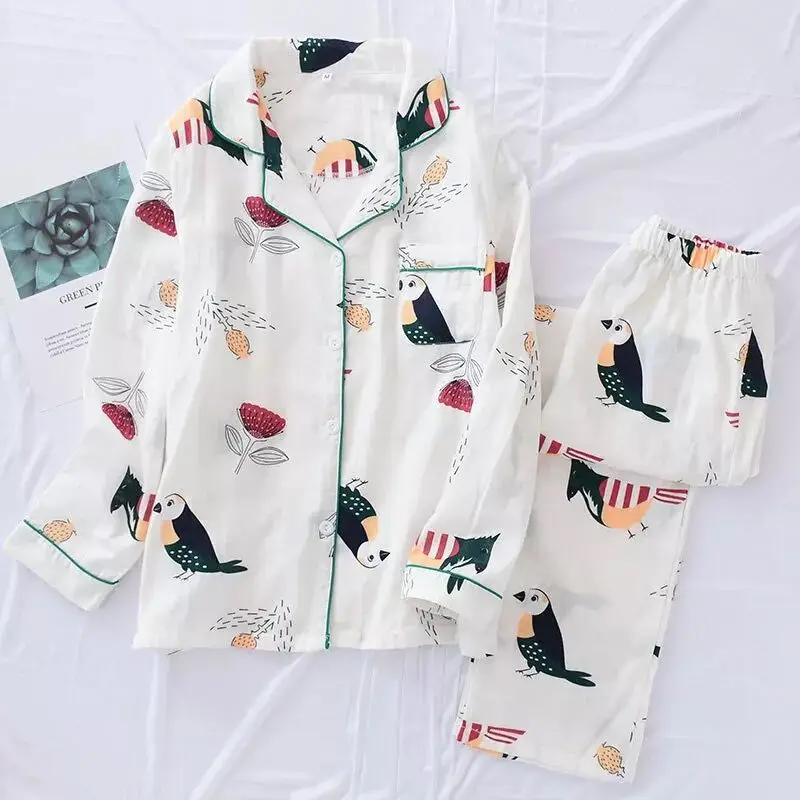 Свежая 100% газовая хлопковая одежда для сна женские брюки с длинным рукавом