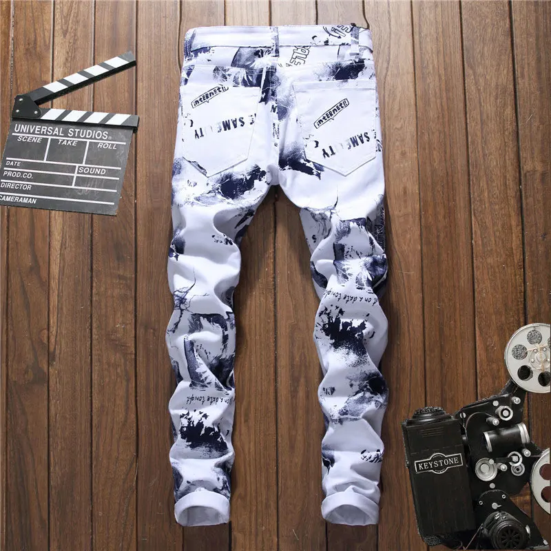 Men's 2018 Euro Style Floral Pant Men Colorful Graffiti Slim Jeans White Print Man Street Club Personal Real Photo | Мужская одежда