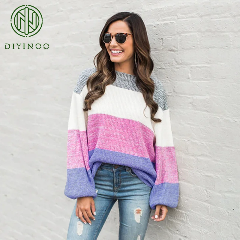 DIYINOO 2018 Autumn Winter Colorful Patchwork Long Lantern Sleeve O-Neck Knitted Pullovers OL Sweater S/M/L/XL Women's Sweaters | Женская