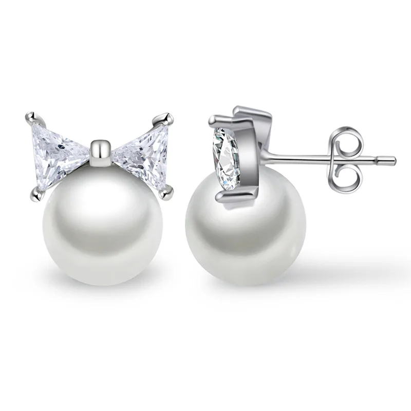 

Hight Quality Fashion Earrinigs 925 Sterling Silver Jewelry Exquisite Temperament CZ Crystal Bowknot Pearl Stud Earrings