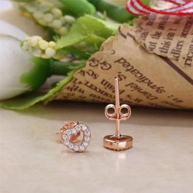 Genuine 925 Sterling Silver Earrings Rose Gold Full Crystal Heart Stud for Women Children Girls Princess Aros Aretes | Украшения и