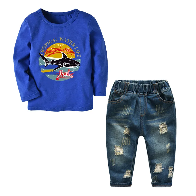 High Quality Boys Clothing Brand 2018 Summer Spring Kids Cartoon Sets Long Sleeves T Shirt+blue Jeans Children 2pcs Suit | Детская