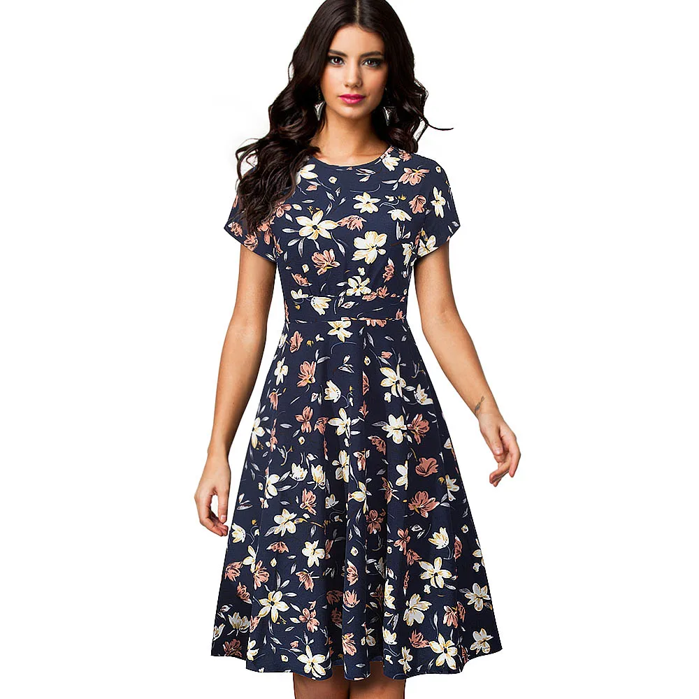 Dark Blue n Floral Хорошее-forever винтажное элегантное плиссированное платье с цветочным принтом и круглым вырезом трапециевидной формы Pinup деловые вечерние женские Расклешенные платья A102 - Цвет: Dark Blue n Floral