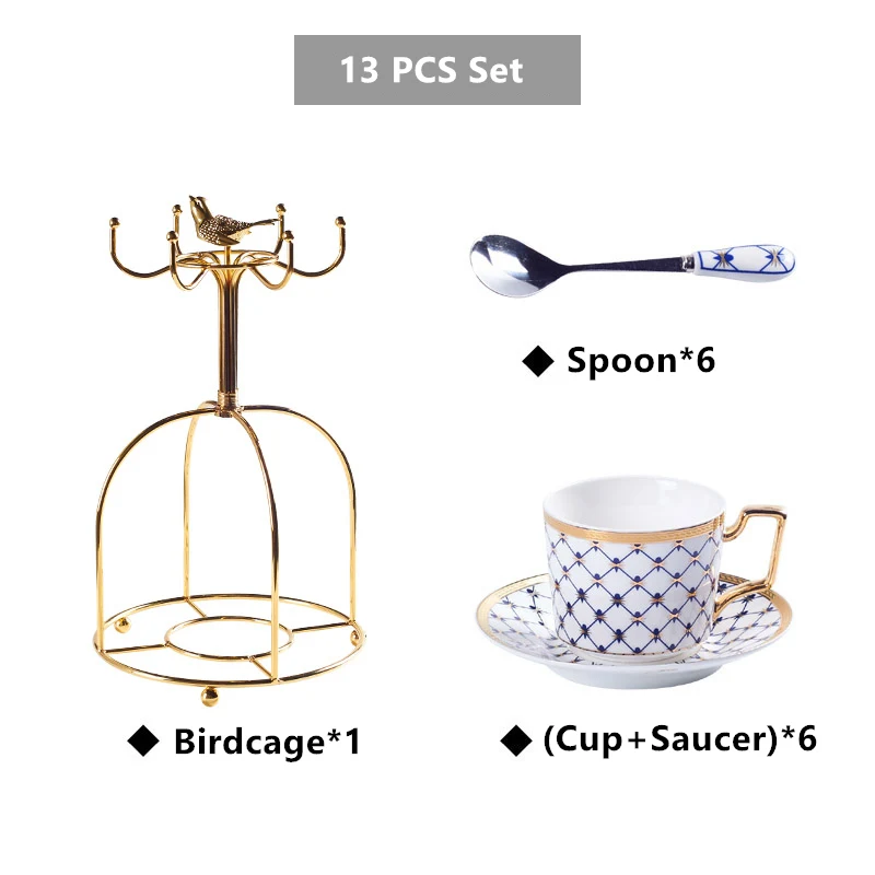 6Cups Birdcage Blue Элегантный кофейный сервиз из костяного фарфора, золотой фарфоровый чайный сервиз, роскошный чайник, чашка, современная керамическая кружка, сахарница, сливочник, чайный горшок, молочный кувшин - Цвет: 6Cups Birdcage Blue