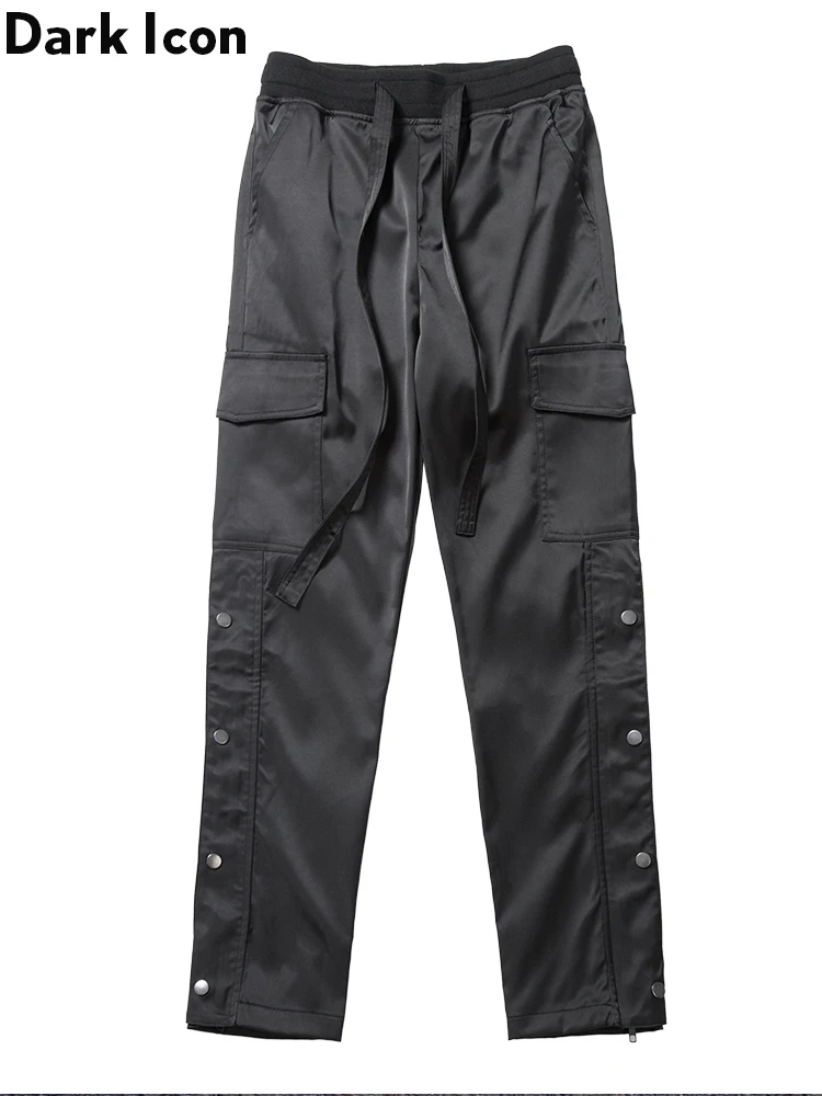Dark Icon Solid Color Side Button Straight Pants Men New High Street Men's Pants Elastic Drawstring Waist Men Pants Trouser