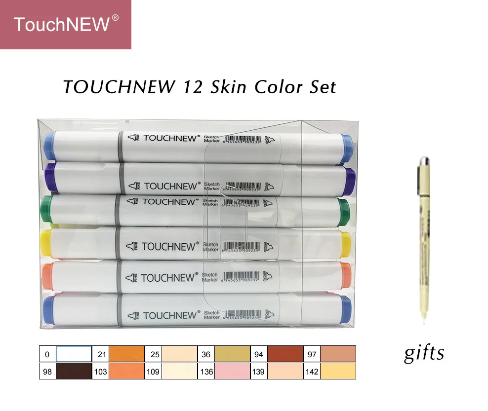 Touchnew-12white TouchNEW, 12/24 цветов, набор маркеров для тона кожи, двойная головка, чернила на спиртовой основе, эскизные маркеры, ручка для рисования, анимационные товары для рукоделия - Цвет: Touchnew-12white
