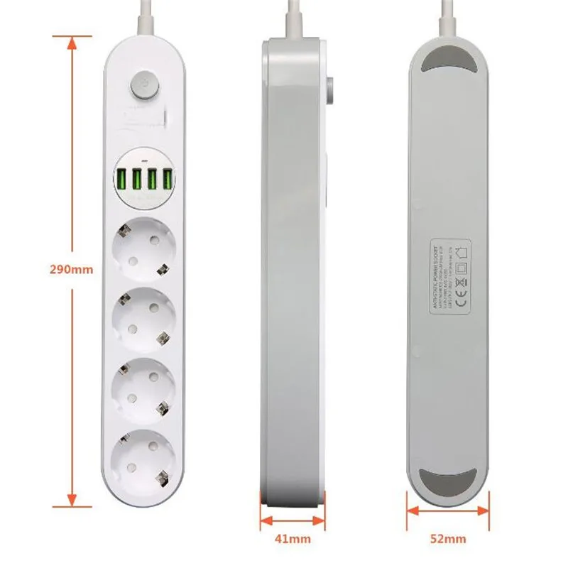 Удлинитель питания PLYMOTON с 4 розетками переменного тока USB портами и защитой от