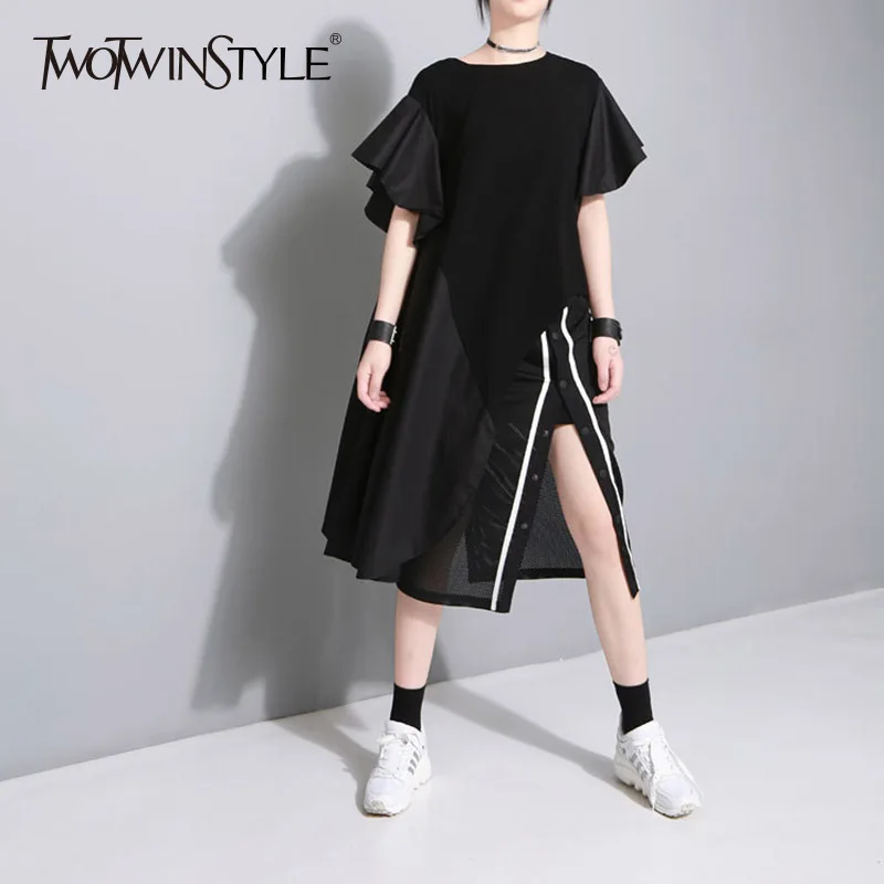 TWOTWINSTYLE Футболка с оборками Женская круглым вырезом и расклешенным коротким
