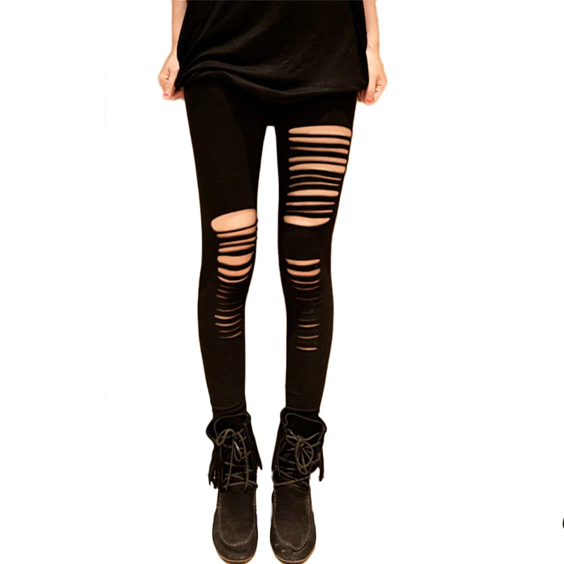 Женские леггинсы с вырезами рваные хлопковые дырками свободный размер лето