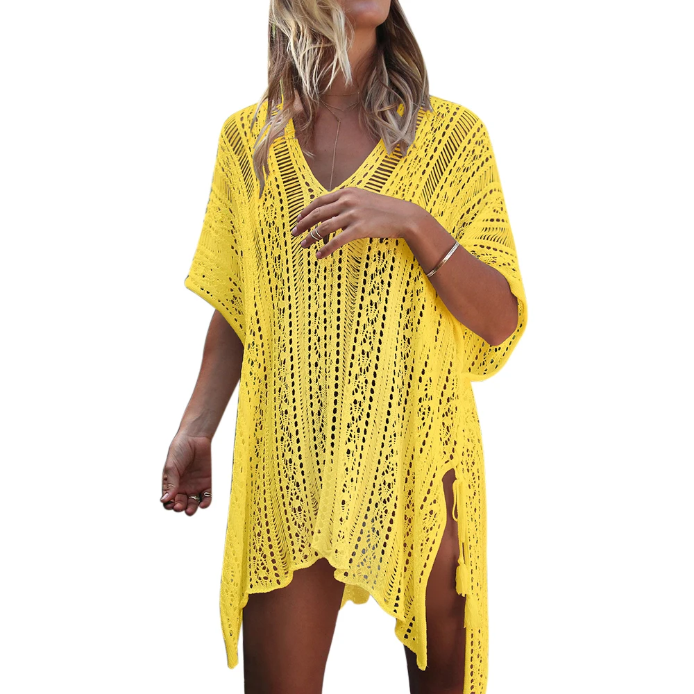 yellow 21 цвет, сексуальное вязаное крючком белое пляжное бикини, накидка, платье, туника, длинное парео, купальник, платье, накидка, пляжная одежда, однотонное - Цвет: yellow