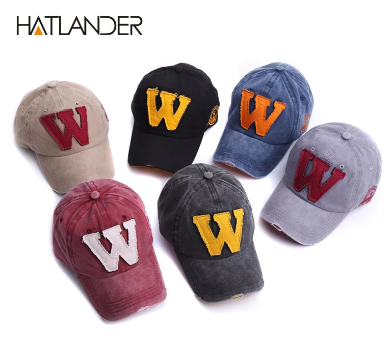 Hatlander, хлопковая бейсболка с буквой W, Ретро стиль, уличные спортивные кепки для женщин, bone gorras, изогнутые, облегающие, вымытые, винтажные, для папы, шапки для мужчин